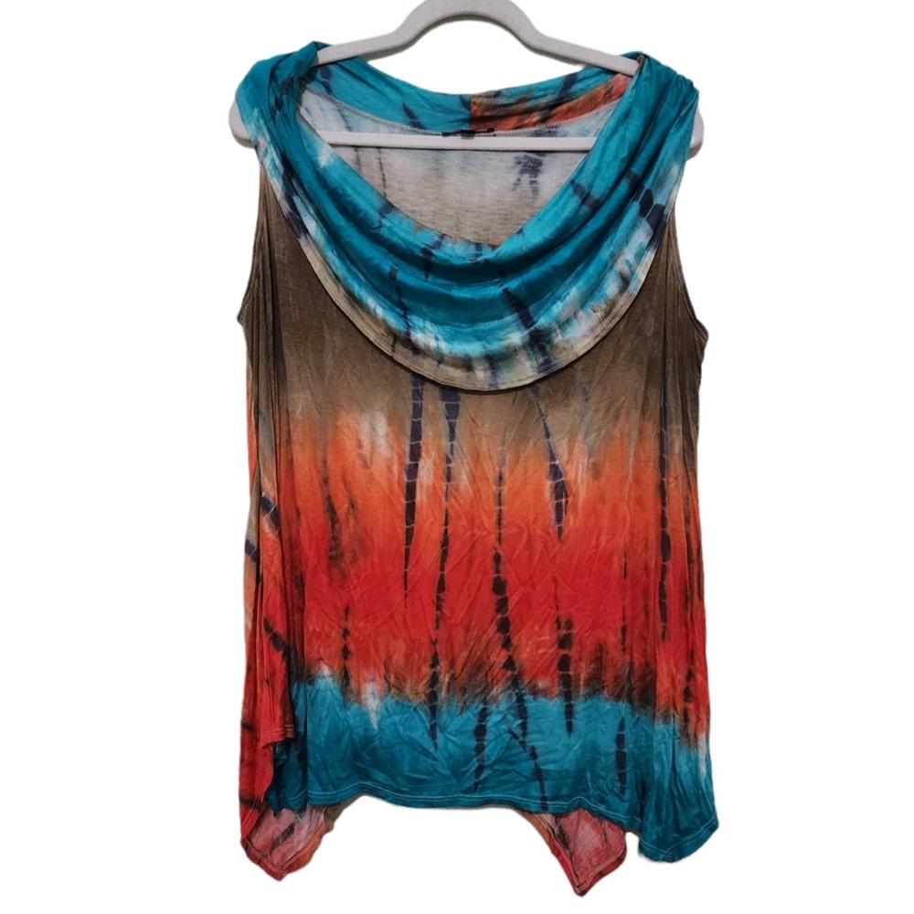 S Point Drape Neck Sleeveless Asymmetric Hem Tie Dye Tank